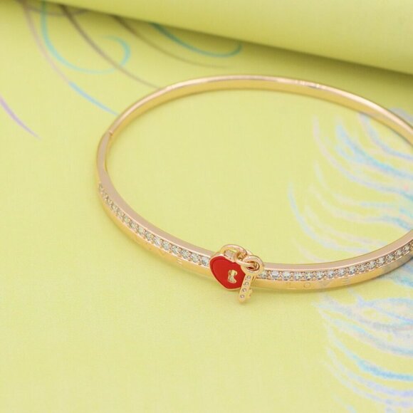 Rose Gold Bangle with Red Heart Lock and Key Charm Accent, XPBL0562 - Picture 2 of 12